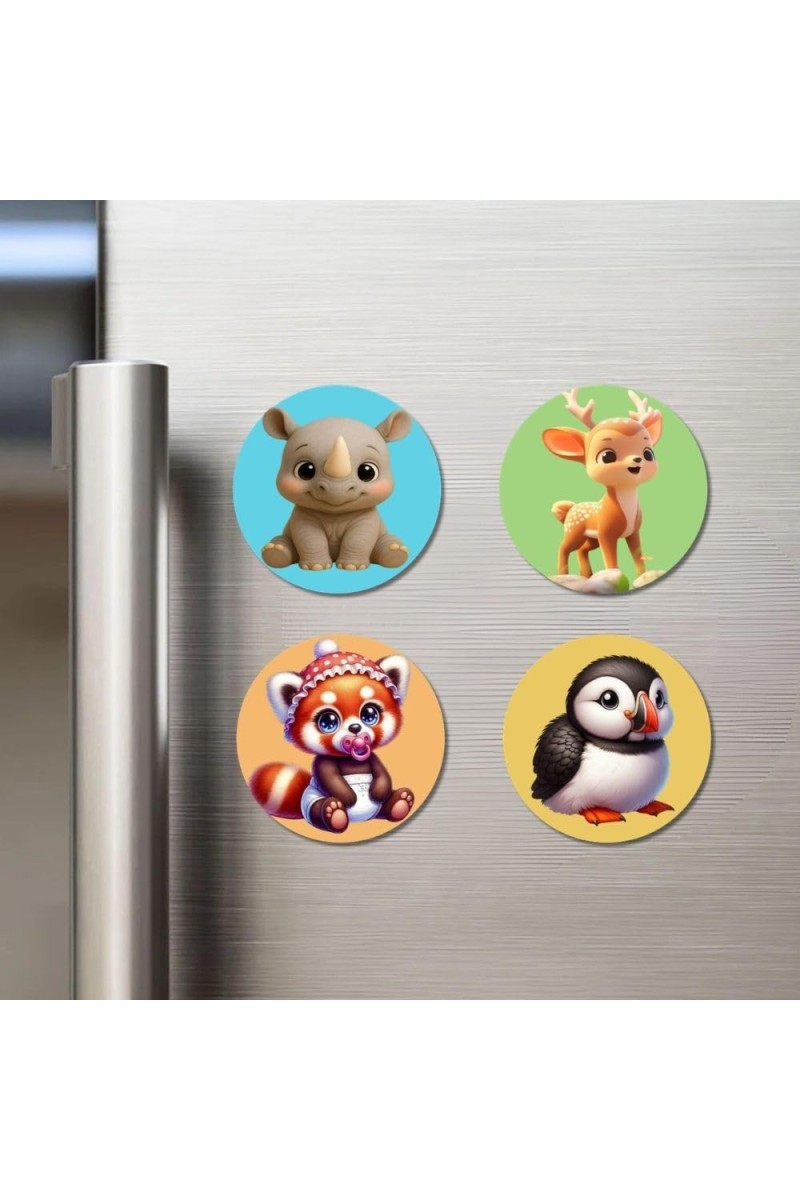 Rhino, Deer, Red Panda, and Puffin. Fridge Magnets 4 Piece Set | 3 Inch Round Wall Fridge Decor (F22873)