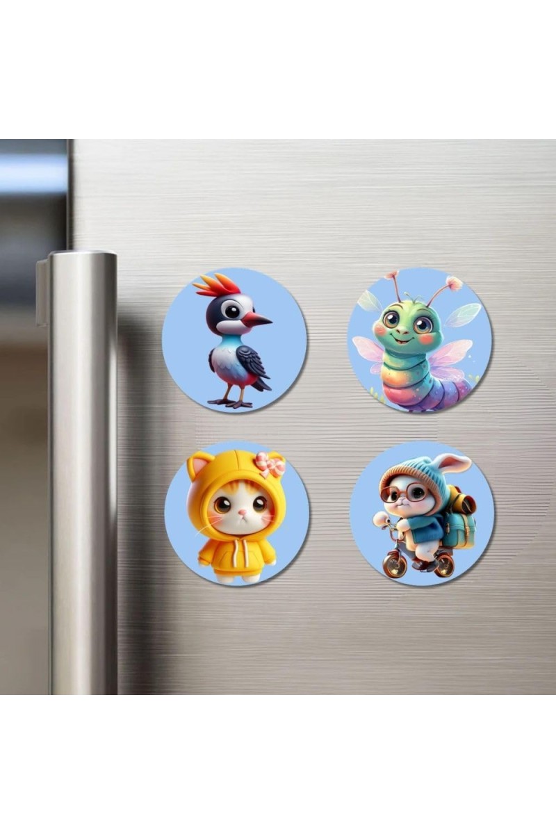 Woodpecker, Caterpillar, Cat in Raincoat, Rabbit On Scooter Fridge Magnets 4 Piece Set | 3 Inch Round Wall Fridge Decor (F23155)