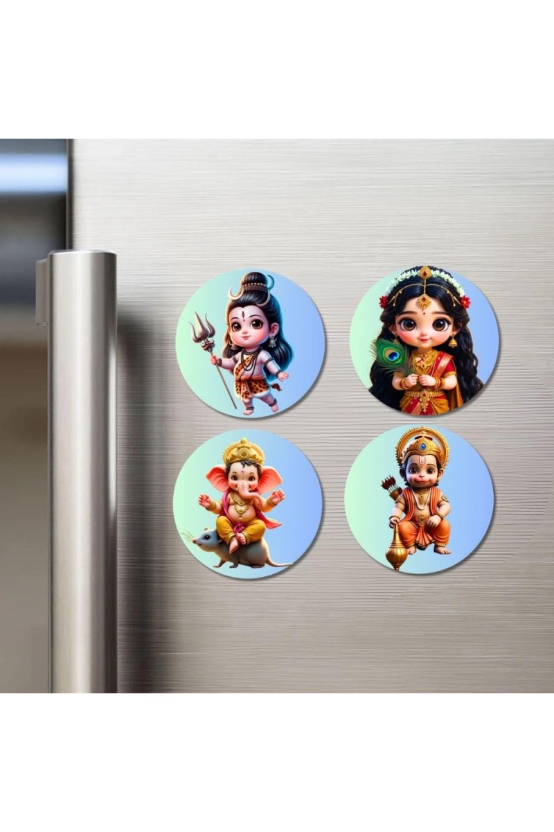Shiva, Radha, Ganesha, Hanuman Fridge Magnets 4 Piece Set | 3 Inch Round Wall Fridge Decor (F23177)