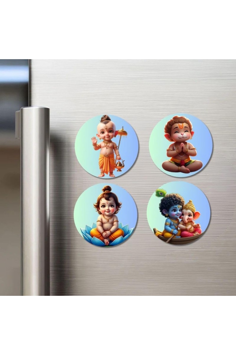 Shiva, Hanuman, Brahma, Krishna, and Ganesha. Fridge Magnets 4 Piece Set | 3 Inch Round Wall Fridge Decor (F23199)