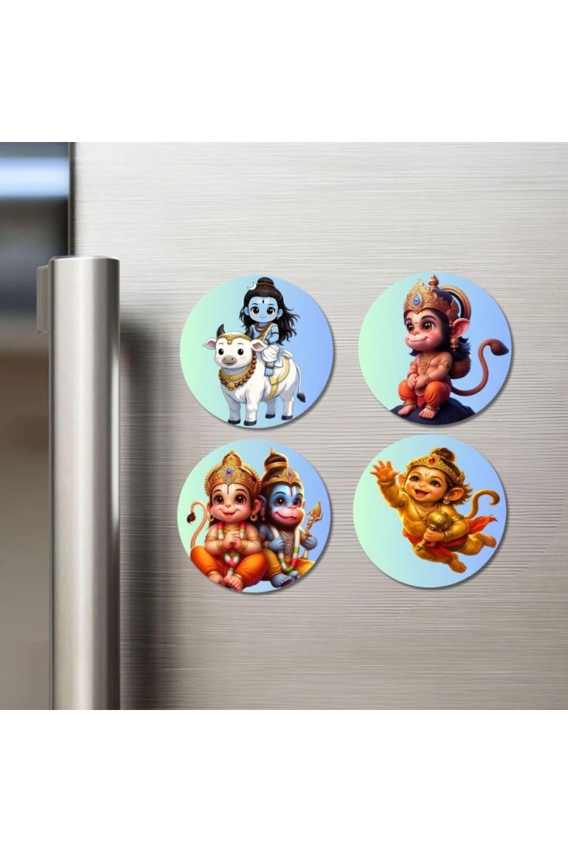 Shiva, Hanuman, and Rama. Fridge Magnets 4 Piece Set | 3 Inch Round Wall Fridge Decor (F22825)