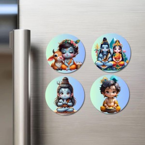 Durga, Ganesha, Rama, and Vishnu. Fridge Magnets 4 Piece Set | 3 Inch Round Wall Fridge Decor (F22789)