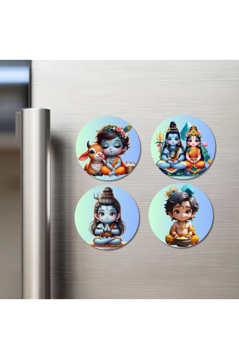 Durga, Ganesha, Rama, and Vishnu. Fridge Magnets 4 Piece Set | 3 Inch Round Wall Fridge Decor (F22789)