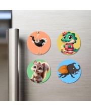 Ostrich, Crocodile, Squirrel, and Beetle. Fridge Magnets 4 Piece Set | 3 Inch Round Wall Fridge Decor (F23043)
