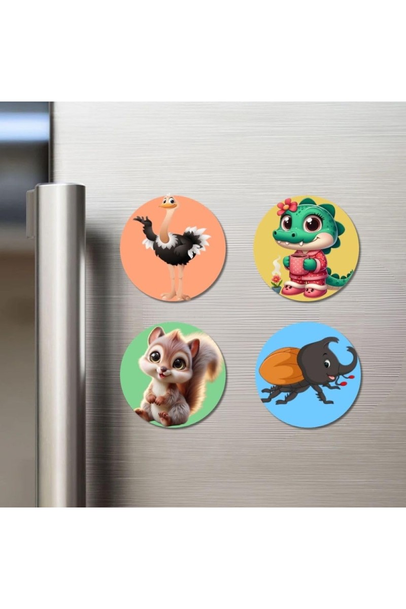 Ostrich, Crocodile, Squirrel, and Beetle. Fridge Magnets 4 Piece Set | 3 Inch Round Wall Fridge Decor (F23043)