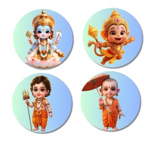 Vishnu, Hanuman, Kartikeya, Vamana Fridge Magnets 4 Piece Set | 3 Inch Round Wall Fridge Decor (F23219)