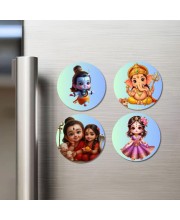 Ganesha, Shiva, Rama, and Krishna. Fridge Magnets 4 Piece Set | 3 Inch Round Wall Fridge Decor (F22808)
