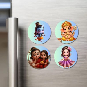 Ganesha, Shiva, Rama, and Krishna. Fridge Magnets 4 Piece Set | 3 Inch Round Wall Fridge Decor (F22808)