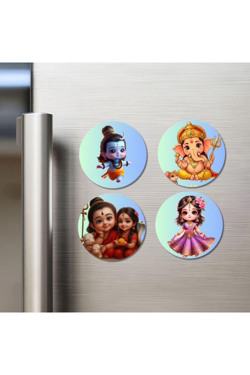 Ganesha, Shiva, Rama, and Krishna. Fridge Magnets 4 Piece Set | 3 Inch Round Wall Fridge Decor (F22808)