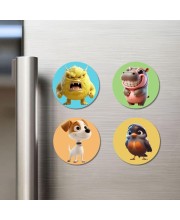 Monster, Hippo, Dog, and Sparrow. Fridge Magnets 4 Piece Set | 3 Inch Round Wall Fridge Decor (F22907)