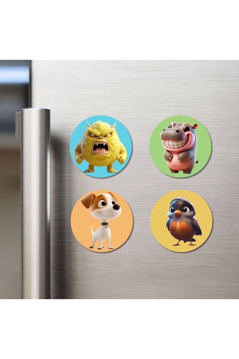Monster, Hippo, Dog, and Sparrow. Fridge Magnets 4 Piece Set | 3 Inch Round Wall Fridge Decor (F22907)