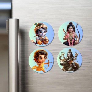 Krishna, Rama, and Shiva. Fridge Magnets 4 Piece Set | 3 Inch Round Wall Fridge Decor (F22804)