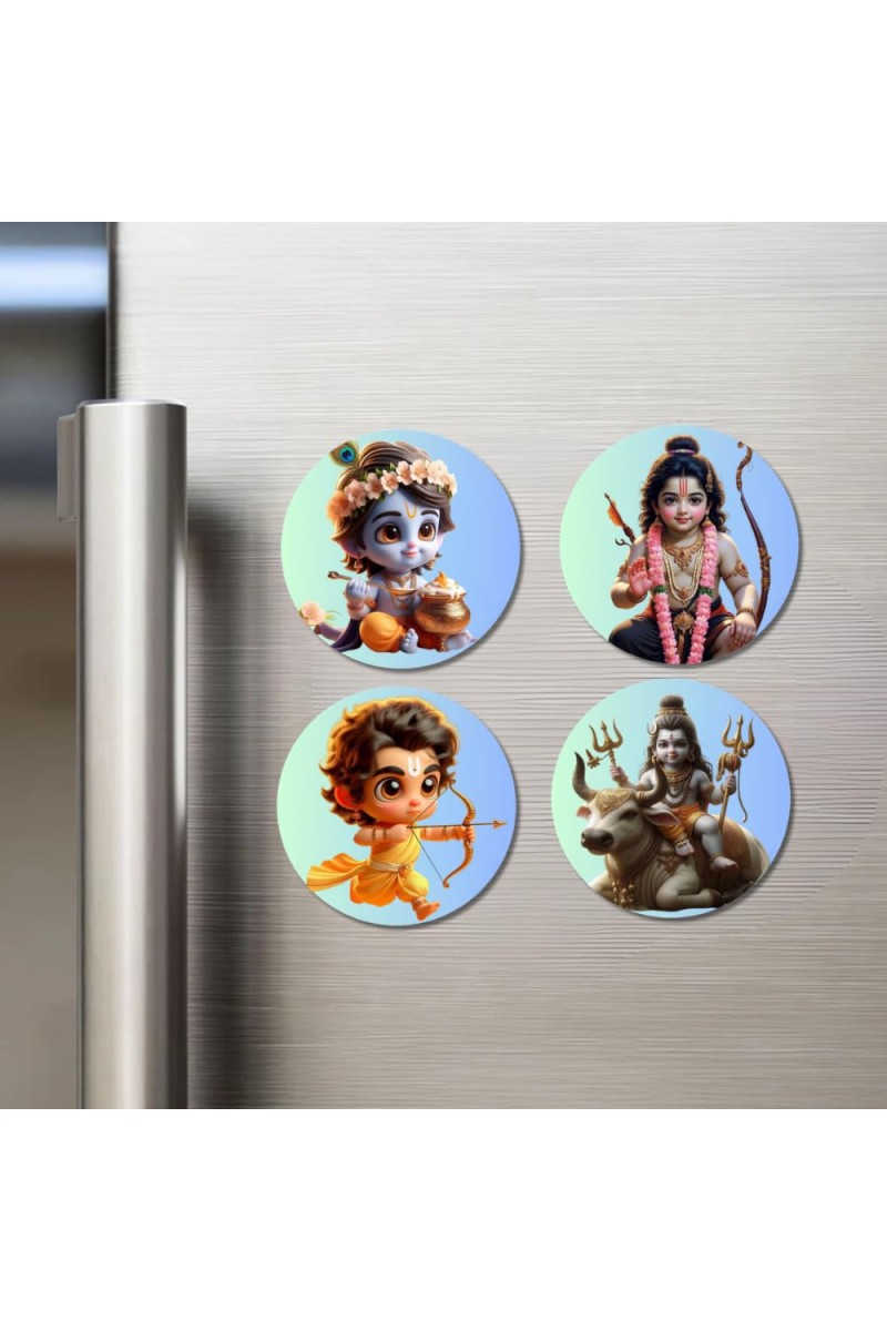 Krishna, Rama, and Shiva. Fridge Magnets 4 Piece Set | 3 Inch Round Wall Fridge Decor (F22804)