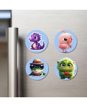 Dragon, Flamingo, Frog, Monster Fridge Magnets 4 Piece Set | 3 Inch Round Wall Fridge Decor (F23153)