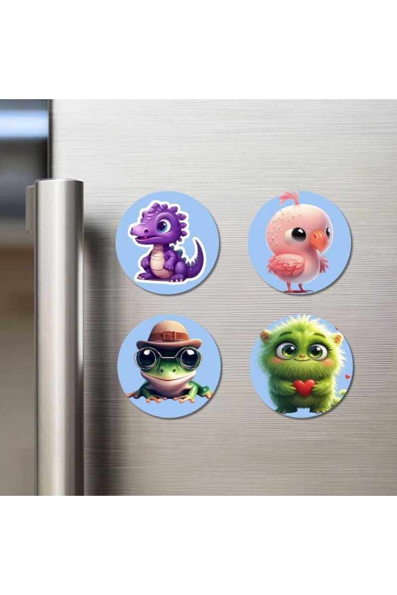 Dragon, Flamingo, Frog, Monster Fridge Magnets 4 Piece Set | 3 Inch Round Wall Fridge Decor (F23153)