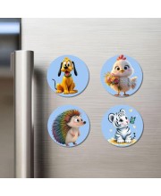 Dog, Chick, Hedgehog, and Tiger. Fridge Magnets 4 Piece Set | 3 Inch Round Wall Fridge Decor (F23080)