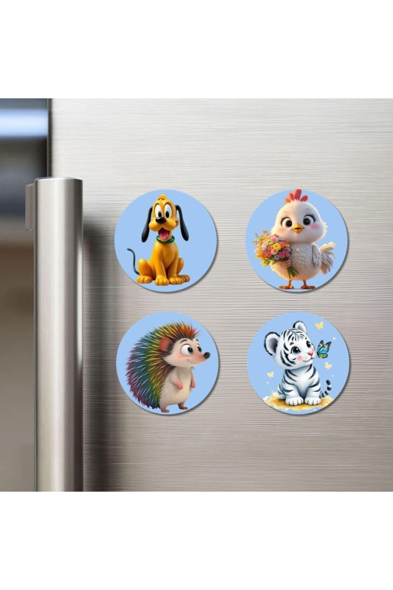 Dog, Chick, Hedgehog, and Tiger. Fridge Magnets 4 Piece Set | 3 Inch Round Wall Fridge Decor (F23080)