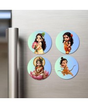 Kali, Krishna, Yashoda-Krishna, Durga Fridge Magnets 4 Piece Set | 3 Inch Round Wall Fridge Decor (F23266)