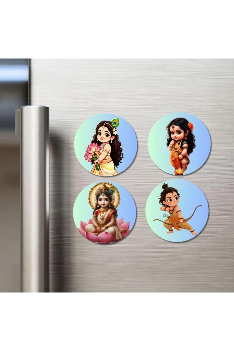 Kali, Krishna, Yashoda-Krishna, Durga Fridge Magnets 4 Piece Set | 3 Inch Round Wall Fridge Decor (F23266)