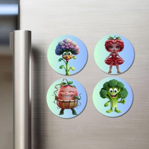 Cauliflower, Strawberry, Tomato, Broccoli Fridge Magnets 4 Piece Set | 3 Inch Round Wall Fridge Decor (F23328)