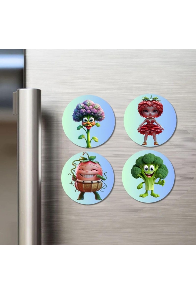 Cauliflower, Strawberry, Tomato, Broccoli Fridge Magnets 4 Piece Set | 3 Inch Round Wall Fridge Decor (F23328)