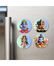 Brahma, Ganesha, Kartikeya, and Shiva. Fridge Magnets 4 Piece Set | 3 Inch Round Wall Fridge Decor (F22811)