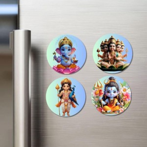 Brahma, Ganesha, Kartikeya, and Shiva. Fridge Magnets 4 Piece Set | 3 Inch Round Wall Fridge Decor (F22811)