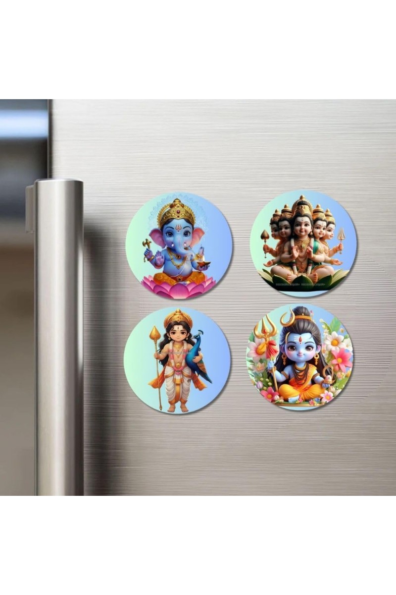 Brahma, Ganesha, Kartikeya, and Shiva. Fridge Magnets 4 Piece Set | 3 Inch Round Wall Fridge Decor (F22811)