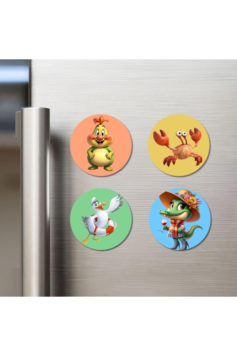 Chicken, Crab, Seagull, and Crocodile. Fridge Magnets 4 Piece Set | 3 Inch Round Wall Fridge Decor (F23040)
