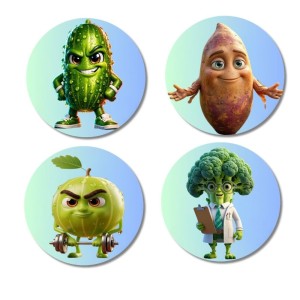 Cucumber, Sweet Potato, Guava, Broccoli Fridge Magnets 4 Piece Set | 3 Inch Round Wall Fridge Decor (F23335)
