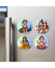 Kartikeya, Shiva, Parvati, Durga, and Ganesha. Fridge Magnets 4 Piece Set | 3 Inch Round Wall Fridge Decor (F22797)