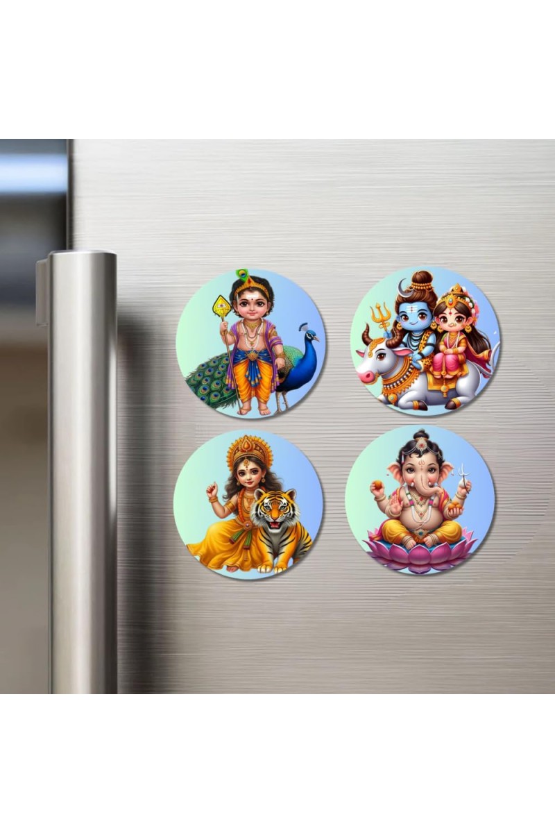 Kartikeya, Shiva, Parvati, Durga, and Ganesha. Fridge Magnets 4 Piece Set | 3 Inch Round Wall Fridge Decor (F22797)