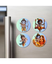 Rama, Krishna, Sita, and Hanuman. Fridge Magnets 4 Piece Set | 3 Inch Round Wall Fridge Decor (F22840)