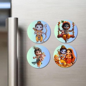 Rama, Krishna, Sita, and Hanuman. Fridge Magnets 4 Piece Set | 3 Inch Round Wall Fridge Decor (F22840)