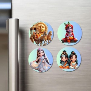 Rama (Surya), Krishna, Radha, Shiva, and Parvati. Fridge Magnets 4 Piece Set | 3 Inch Round Wall Fridge Decor (F22817)