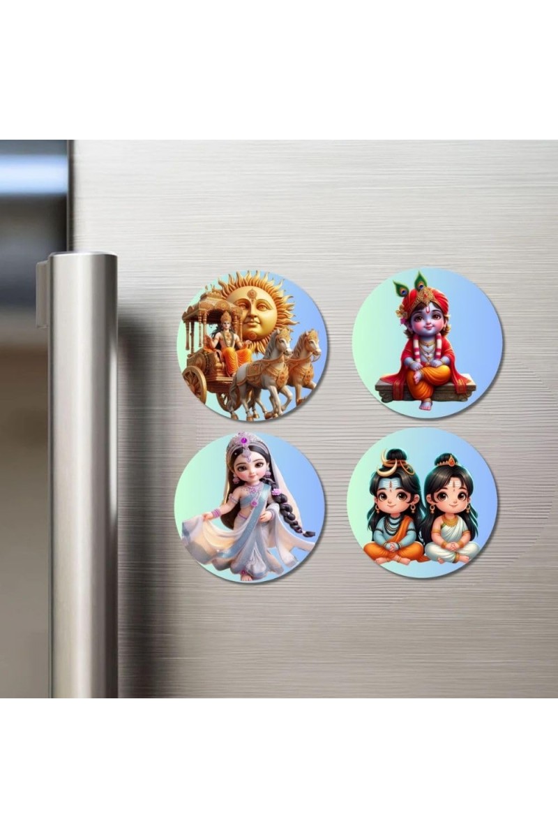 Rama (Surya), Krishna, Radha, Shiva, and Parvati. Fridge Magnets 4 Piece Set | 3 Inch Round Wall Fridge Decor (F22817)