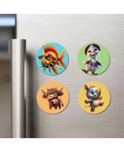 Goldfish, Duckling, Yak, and Rhino. Fridge Magnets 4 Piece Set | 3 Inch Round Wall Fridge Decor (F22917)