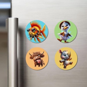 Goldfish, Duckling, Yak, and Rhino. Fridge Magnets 4 Piece Set | 3 Inch Round Wall Fridge Decor (F22917)