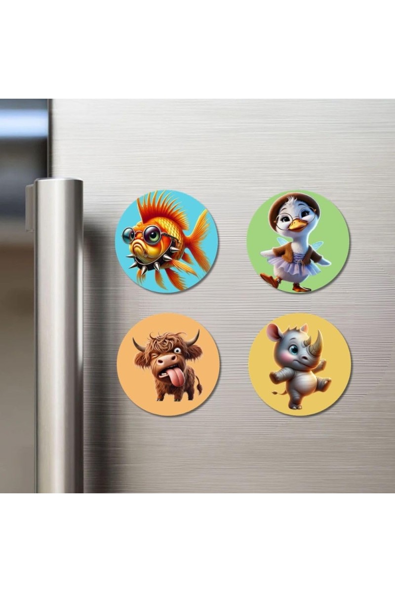 Goldfish, Duckling, Yak, and Rhino. Fridge Magnets 4 Piece Set | 3 Inch Round Wall Fridge Decor (F22917)