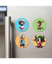 Sparrow, Donkey, Duck, and Cow. Fridge Magnets 4 Piece Set | 3 Inch Round Wall Fridge Decor (F22912)