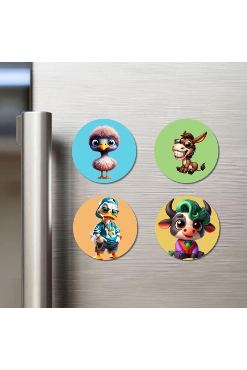 Sparrow, Donkey, Duck, and Cow. Fridge Magnets 4 Piece Set | 3 Inch Round Wall Fridge Decor (F22912)