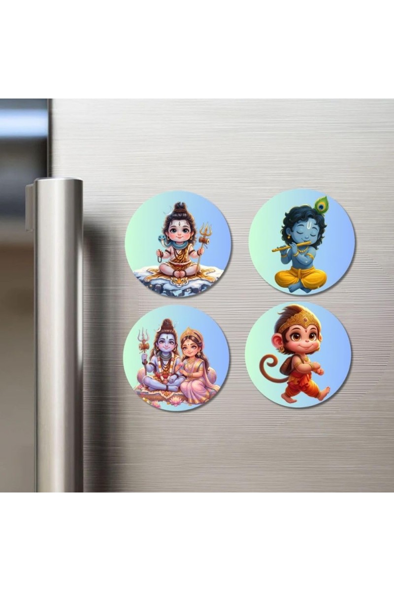 Hanuman, Ganesha, Shiva, and Parvati. Fridge Magnets 4 Piece Set | 3 Inch Round Wall Fridge Decor (F22829)