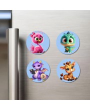 Flamingo, Dinosaur, Dragon, and Giraffe. Fridge Magnets 4 Piece Set | 3 Inch Round Wall Fridge Decor (F23071)