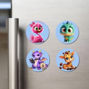 Flamingo, Dinosaur, Dragon, and Giraffe. Fridge Magnets 4 Piece Set | 3 Inch Round Wall Fridge Decor (F23071)
