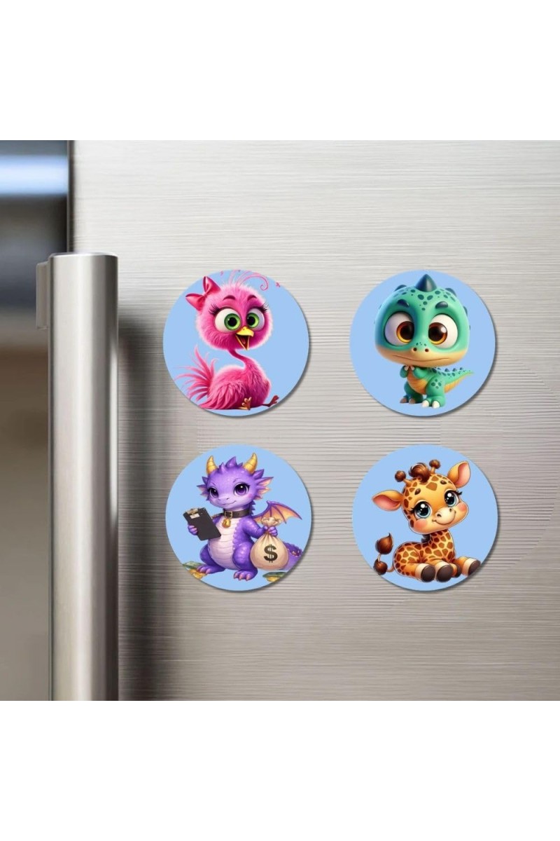 Flamingo, Dinosaur, Dragon, and Giraffe. Fridge Magnets 4 Piece Set | 3 Inch Round Wall Fridge Decor (F23071)