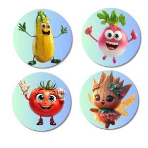 Bottle Gourd, Radish, Tomato, Pineapple Leaf Fairy Fridge Magnets 4 Piece Set | 3 Inch Round Wall Fridge Decor (F23317)