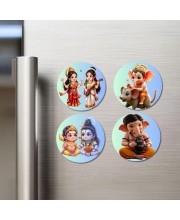 Krishna and Radha, Hanuman Fridge Magnets 4 Piece Set | 3 Inch Round Wall Fridge Decor (F23213)