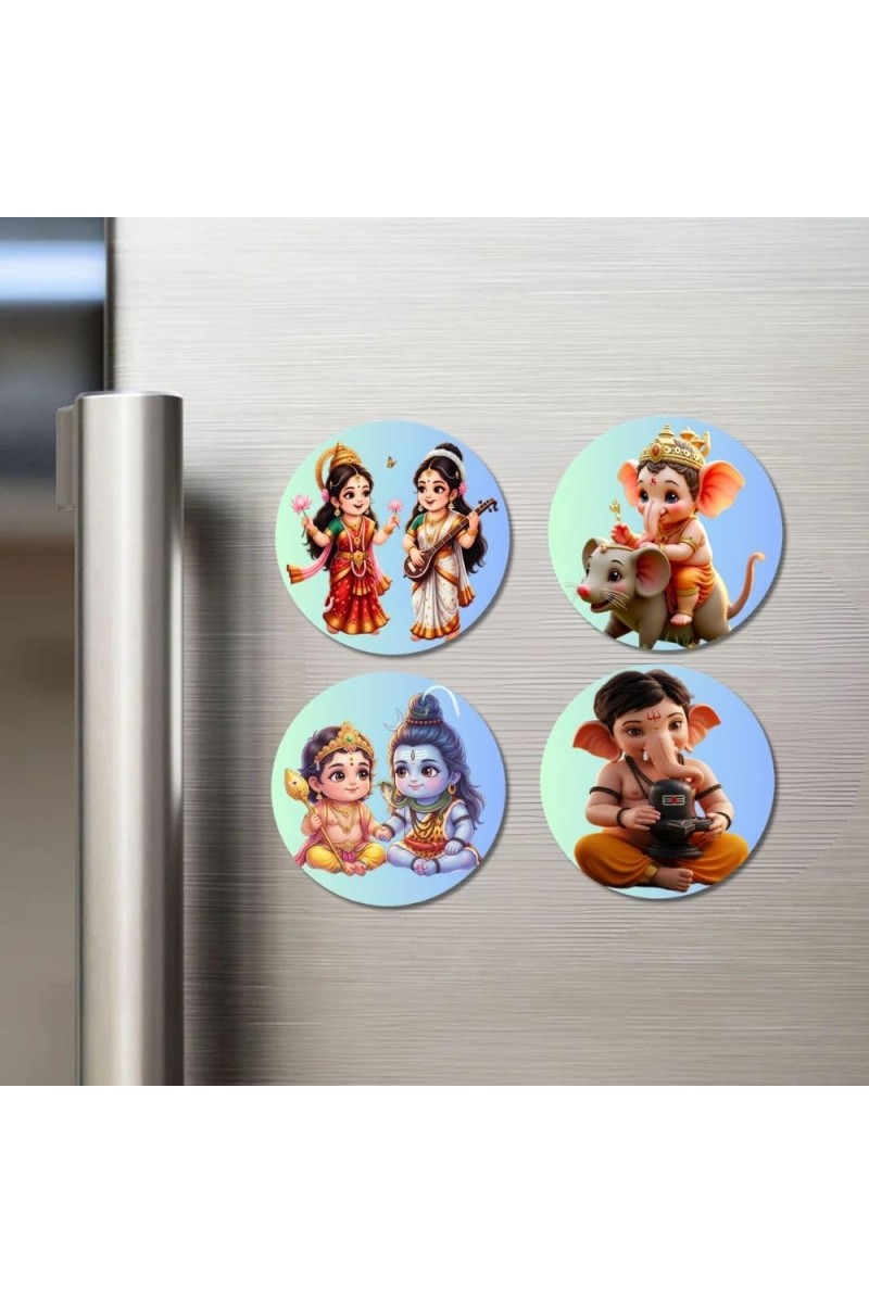 Krishna and Radha, Hanuman Fridge Magnets 4 Piece Set | 3 Inch Round Wall Fridge Decor (F23213)