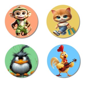 Monkey, Cat, Bird, and Rooster. Fridge Magnets 4 Piece Set | 3 Inch Round Wall Fridge Decor (F23011) Monkey, Cat, Bird, and Rooster. Fridge Magnets 4 Piece Set | 3 Inch Round Wall Fridge Decor (F23011)