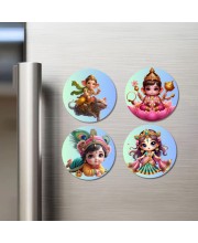 Ganesha, Lakshmi, Krishna, and Saraswati. Fridge Magnets 4 Piece Set | 3 Inch Round Wall Fridge Decor (F22807)